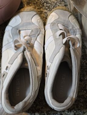 Diesel White and Light Gray Leather Sneakers with Red Logo Tag
